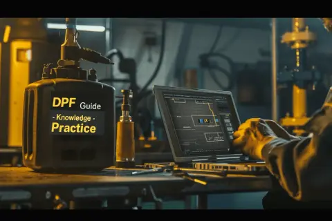 Warsztat z urządzeniem do czyszczenia DPF i mechanikiem pracującym na laptopie. DPF Guide - Wiedza - Praktyka.