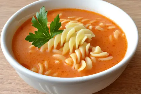 Aksamitna, najlepsza zupa pomidorowa przepis babci z makaronem i natką pietruszki.