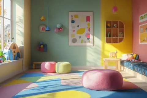 Ein fröhliches Kinderzimmer mit einem bunten **Farbkonzept**. Mintgrün, Gelb und Rosa dominieren, ergänzt durch Spielzeug und eine gemütliche Sitzecke.