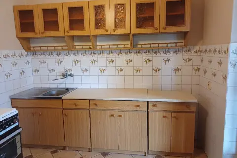 Jasne, oto opis:

Używane meble kuchenne z jasnego drewna, z przeszklonymi frontami szafek wiszących i ceramicznymi płytkami z motywem winogron.