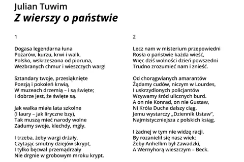 Julian Tuwim, "Z wierszy o państwie". Wiersz o wolności i jej interpretacji, o tym, jak narody wolne muszą mieć swoje zadumy.
