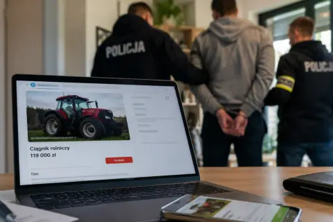 Policja zatrzymała mężczyznę podejrzanego o przekręt nigeryjski. Na ekranie laptopa widnieje oferta sprzedaży ciągnika rolniczego.