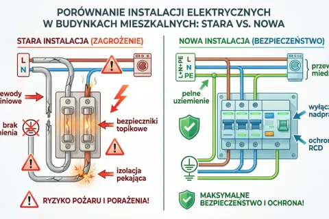 Ilustracja porównująca starą, niebezpieczną instalację elektryczną z nową, bezpieczną, z widocznymi bezpiecznikami i przewodami.