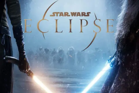 Star Wars Eclipse: dwaj rycerze z mieczami świetlnymi, jeden z żółtym, drugi z niebieskim, stoją naprzeciw siebie na mroźnym polu bitwy.