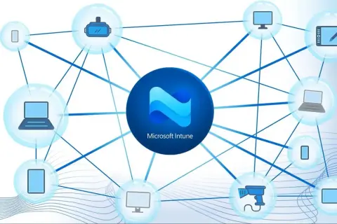 Microsoft Intune łączy urządzenia: laptopy, tablety, telefony, gogle VR i inne, tworząc sieć zarządzania.
