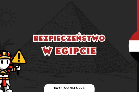 Postać w stroju faraona trzyma znak ostrzegawczy, a na tle piramidy widnieje napis "Bezpieczeństwo w Egipcie". Czy w Egipcie jest teraz bezpiecznie?