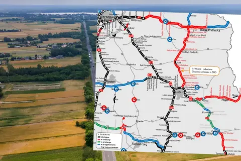 Mapa Polski z zaznaczoną drogą ekspresową S19, pokazującą jej przebieg i status budowy.