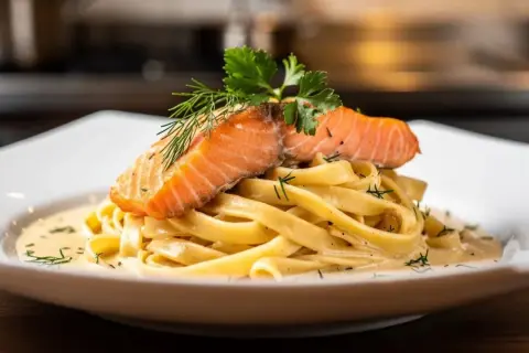 Délicieuses tagliatelles au saumon, nappées d'une sauce crémeuse et garnies d'aneth et de persil frais. Un plat savoureux et coloré.