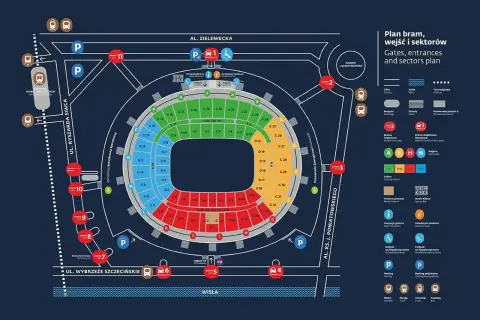 Plan stadionu z bramami, wejściami i sektorami. Dowiedz się, co można wnieść na stadion narodowy, gdzie są parkingi i strefy kibica.