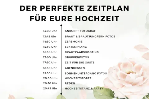 Der perfekte Zeitplan für eure Hochzeit: Von der Ankunft des Fotografen bis zum Hochzeitstanz, alles ist geplant.