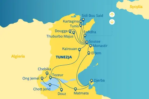 Mapa Tunezji z zaznaczonymi miastami i trasami. Widoczna jest wyspa Djerba, Sycylia i Algieria.