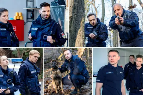 Policjantki i policjanci obsada w akcji. W lesie, w radiowozie i w budynku. Wszyscy w mundurach, gotowi do służby.