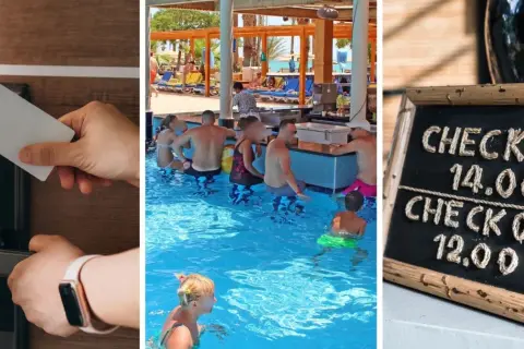 Otwieranie drzwi kartą, ludzie w basenie i tablica z godzinami check-in/check-out. To wszystko czeka na Ciebie w ramach doby hotelowej.