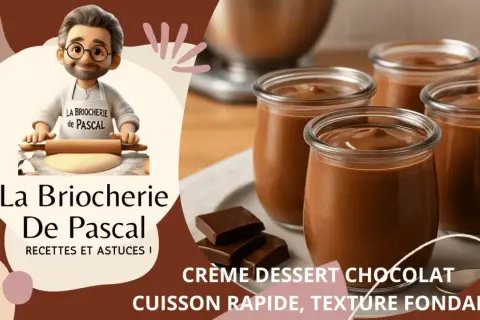 Quatre pots de crème au chocolat onctueuse, parfaits pour un dessert rapide et gourmand. Un chef pâtissier prépare la pâte.