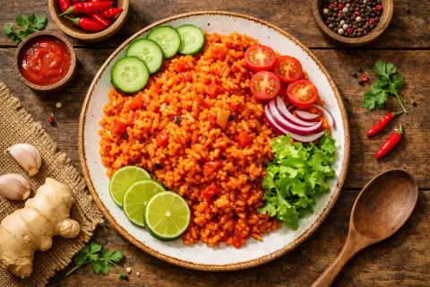 Ein Teller mit leckerem Jollof Rice, garniert mit Tomaten, Gurken, Zwiebeln und Salat. Dazu Limettenspalten und Gewürze.