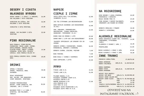 Menu karczmy z deserami, napojami, piwami regionalnymi, drinkami i alkoholami.