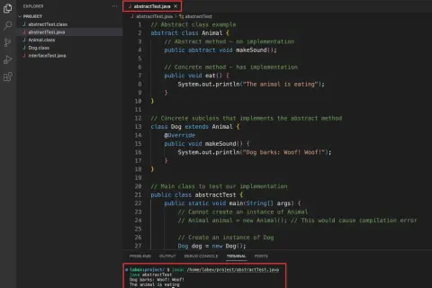 Code Java montrant une classe abstraite Animal et une classe concrète Dog qui extends Animal. Le terminal affiche la compilation et l'exécution.