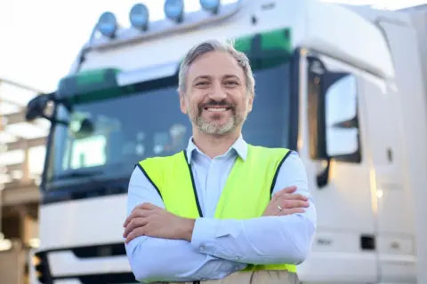 Un chauffeur souriant, en gilet fluo, prêt pour son passage aux mines poids lourds.