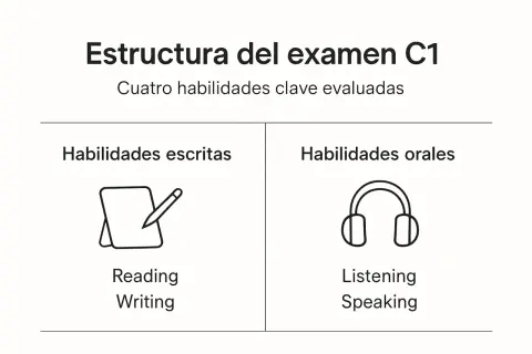 Estructura del examen C1: habilidades escritas (reading, writing) y orales (listening, speaking).