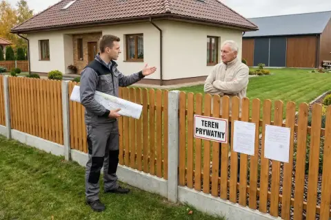 Mężczyzna z mapą kłóci się z sąsiadem o płot sąsiada na mojej działce zasiedzenie.