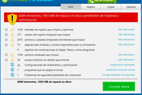OneSafe PC Cleaner: limpiador de pc gratis en español para Windows 10. Muestra 6088 elementos y 1003 MB de espacio a liberar.