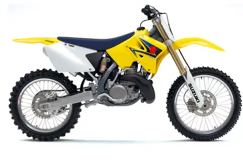 Żółty motocykl crossowy Suzuki RM 250 2t, gotowy do akcji. Zastanawiasz się, suzuki rm 250 2t ile ma koni?