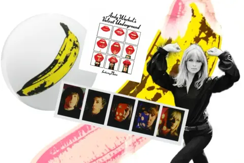 Andy Warhol's Velvet Underground z Nico, bananem i zdjęciami zespołu. W stylu "Venus in Furs".