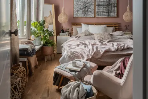Sypialnia w stylu biophilic design: dużo roślin, naturalne materiały i spokojne kolory tworzą oazę spokoju.