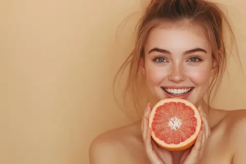 Uśmiechnięta dziewczyna z piegami trzyma połówkę grejpfruta. To jej zdrowy cheat meal, pełen witamin.