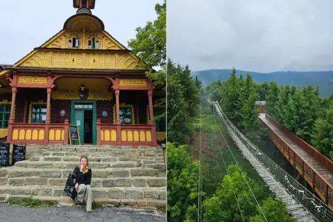 Kolorowy budynek w Beskidzie Morawskim i wiszący most wśród drzew.