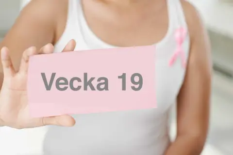 En person håller upp en rosa lapp med texten "Vecka 19". En rosa banderoll syns på kläderna.
