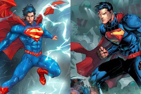 Superman w ikonicznym kostiumie, otoczony błyskawicami i w walce z robotem.