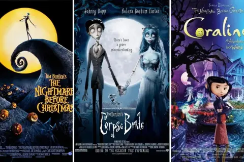 Plakaty filmów Tima Burtona: "Miasteczko Halloween", "Gnijąca panna młoda" i "Coraline".