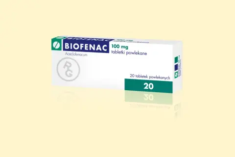 Opakowanie leku Biofenac 100 mg, zawierające 20 tabletek powlekanych. Aceclofenacum.