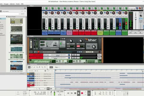 Reason 7 Musiksoftware mit Mixer, Synthesizern und Sequenzer. Grund 8: Die Benutzeroberfläche ist übersichtlich.
