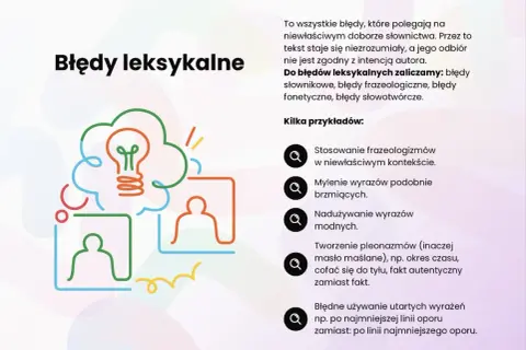 Błędy leksykalne to m.in. niewłaściwe użycie frazeologizmów, np. "po najmniejszej linii oporu" zamiast "po linii najmniejszego oporu".