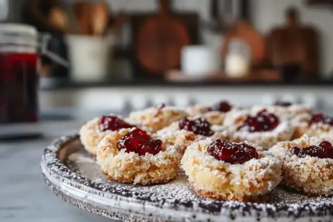 Små, söta syltkakor med sylt i mitten, pudrade med florsocker. Ett perfekt syltkakor recept för fikat.