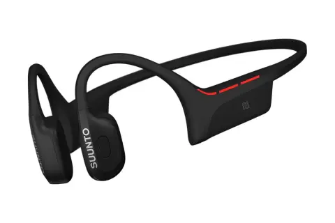 Casque noir à conduction osseuse SUUNTO, idéal pour les malentendants, avec indicateurs lumineux rouges.