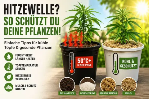 Hitzeschutz selber machen: Tipps für kühle Töpfe & gesunde Pflanzen bei Hitze. Mit Mulch und anderen Materialien die Topftemperatur senken.