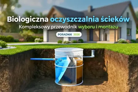 Przekrój pokazuje, jaka oczyszczalnia biologiczna działa pod domem, oczyszczając ścieki.