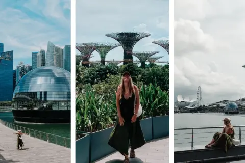 Trzy ujęcia z Singapuru, najmniejszego państwa w Azji: nowoczesne budynki, futurystyczne ogrody i widok na zatokę z kobietą w centrum.