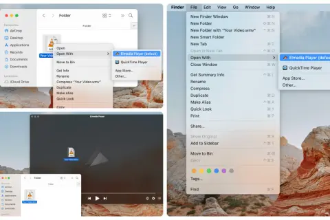 macOS Finder showing how to open .wmv files with Elmedia Player, the default application.