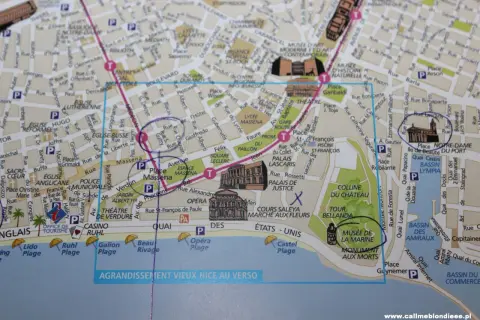 Mapa Nicei z zaznaczonymi atrakcjami: Place Masséna, Muzeum Sztuki Nowoczesnej i Współczesnej, Stary Port.