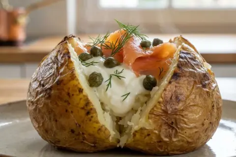 Pomme de terre au four fumante, garnie de crème, saumon fumé, câpres et aneth. Un délice simple et réconfortant.