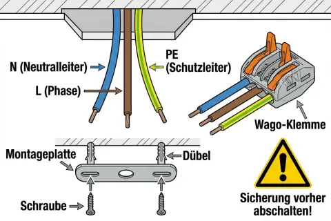 Anleitung zum Deckenlampe abmontieren: Kabel (N, L, PE) mit Wago-Klemme verbinden, Montageplatte mit Schrauben und Dübeln befestigen. Achtung: Sicherung vorher abschalten!
