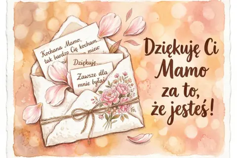 Piękne kartki życzenia na Dzień Mamy z kopertą, kwiatami i wzruszającymi słowami: "Kochana Mamo, tak bardzo Cię kocham...", "Dziękuję Ci Mamo za to, że jesteś!".