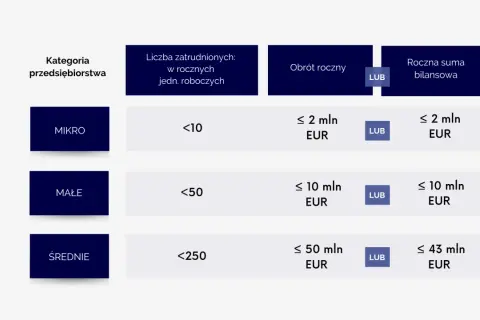 Tabela klasyfikuje mśp: mikro, małe i średnie, według liczby zatrudnionych, obrotu rocznego lub sumy bilansowej.