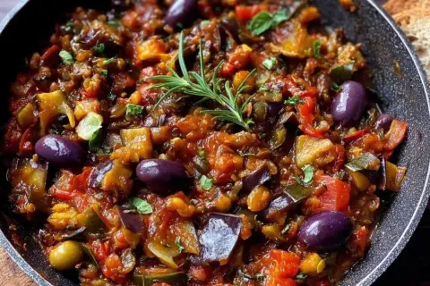 Un plat de caponata sicilienne savoureux, garni d'olives violettes et d'une branche de romarin frais, prêt à être dégusté avec du pain grillé.