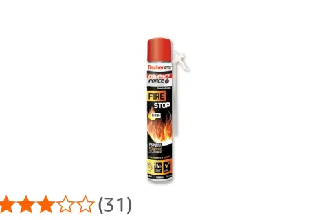 Espuma de poliuretano Fischer "Fire Stop" para aislamiento resistente al fuego. Ideal para sellar huecos y prevenir la propagación del fuego.