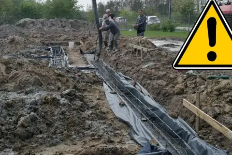 Budowa trwa! Wylewanie betonu na ławy fundamentowe. Pracownicy dbają o solidne podstawy.